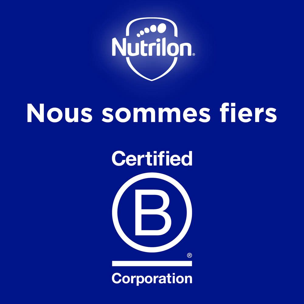Logo Nutrilon avec "Nous sommes fiers" et le sceau "Certified B Corporation".