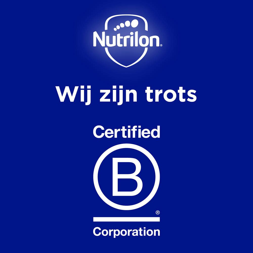 Nutrilon logo met "Wij zijn trots" en "Certified B Corporation" keurmerk.