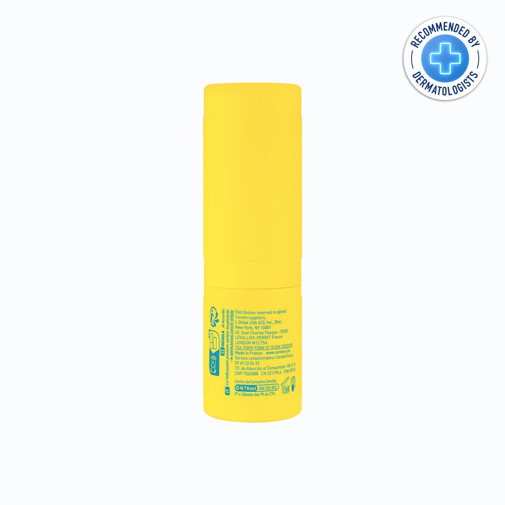 Gele zonnebrandstick. Tekst: CeraVe, Invisible Sun Stick SPF50+. Gezicht, lippen & gevoelige zones. 8g.