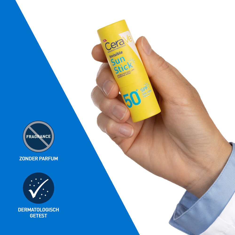 Gele zonnebrandstick. Tekst: CeraVe, Invisible Sun Stick SPF50+. Zonder parfum. Getest op allergieën.