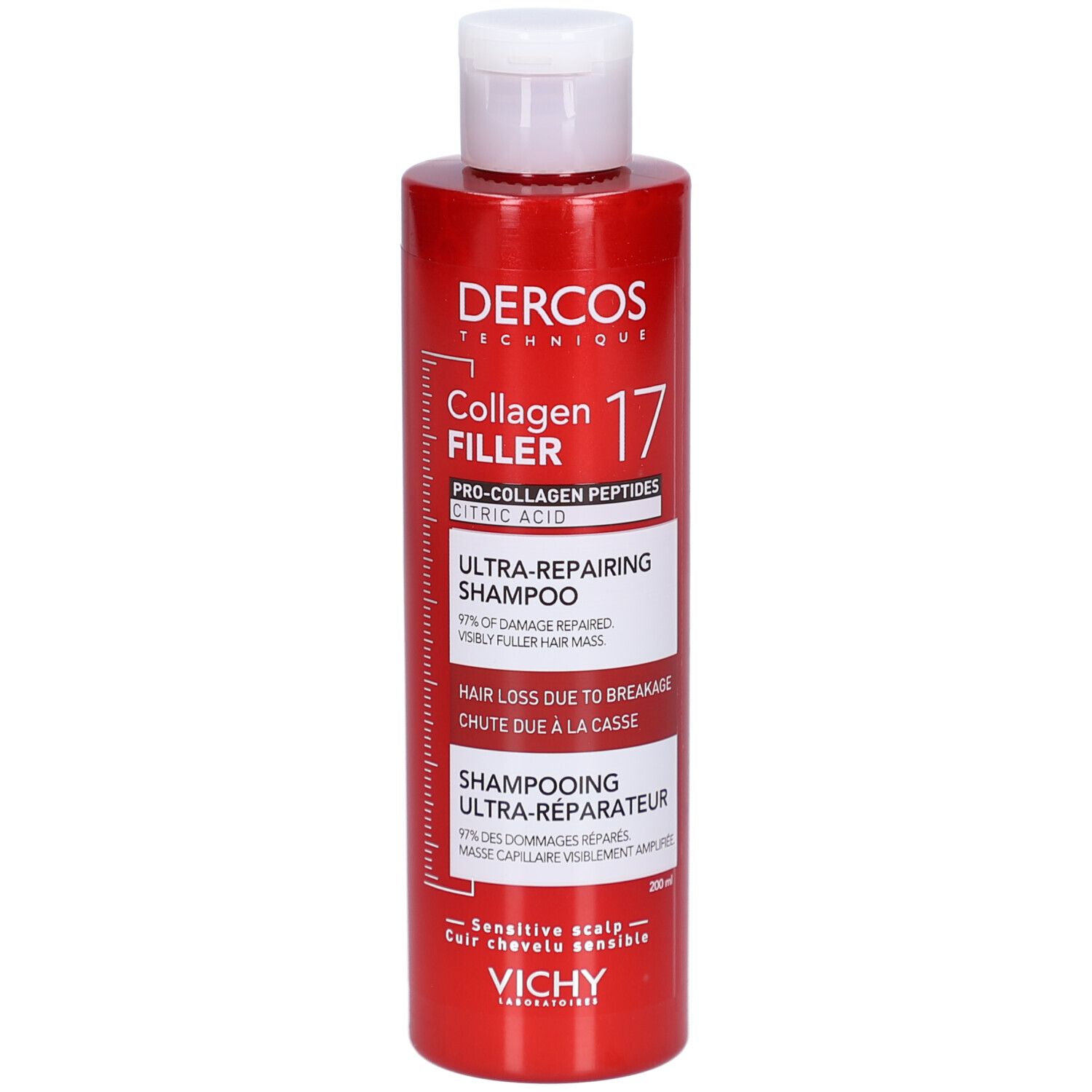 Rote Flasche Dercos Collagen Filler 17 Ultra-Repairing Shampoo mit Vichy-Logo.