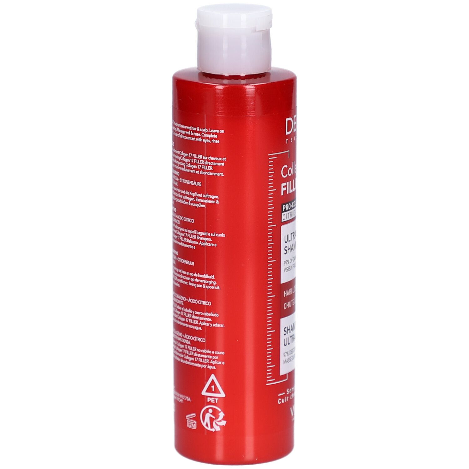 Rote Flasche mit weißem Klappdeckel. Enthält Shampoo. Beschriftung: 'Collagen FILLER ULTRA SHAMPOO'.
