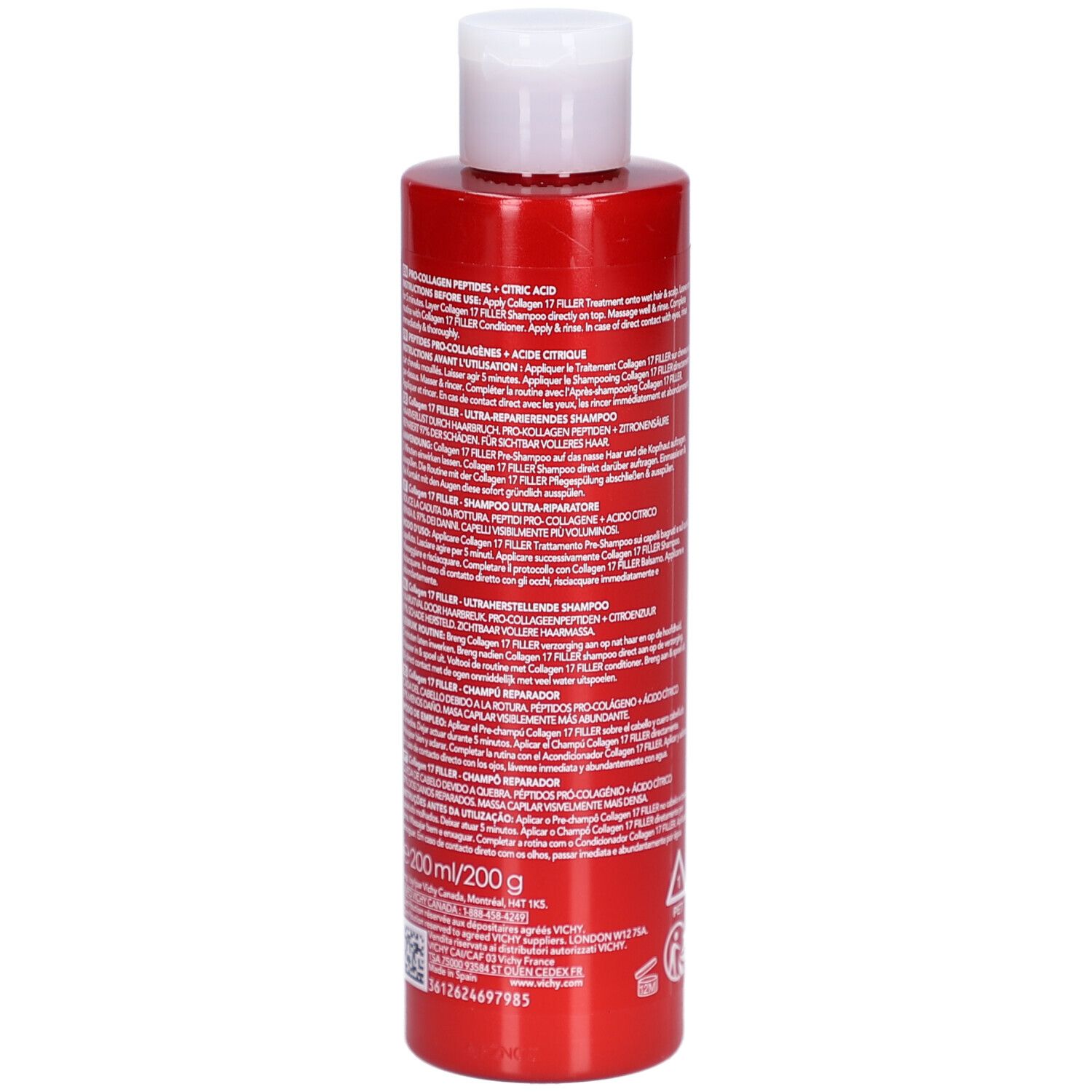 Rote Shampoo-Flasche mit weißem Verschluss und Etikett mit Produktinformationen.