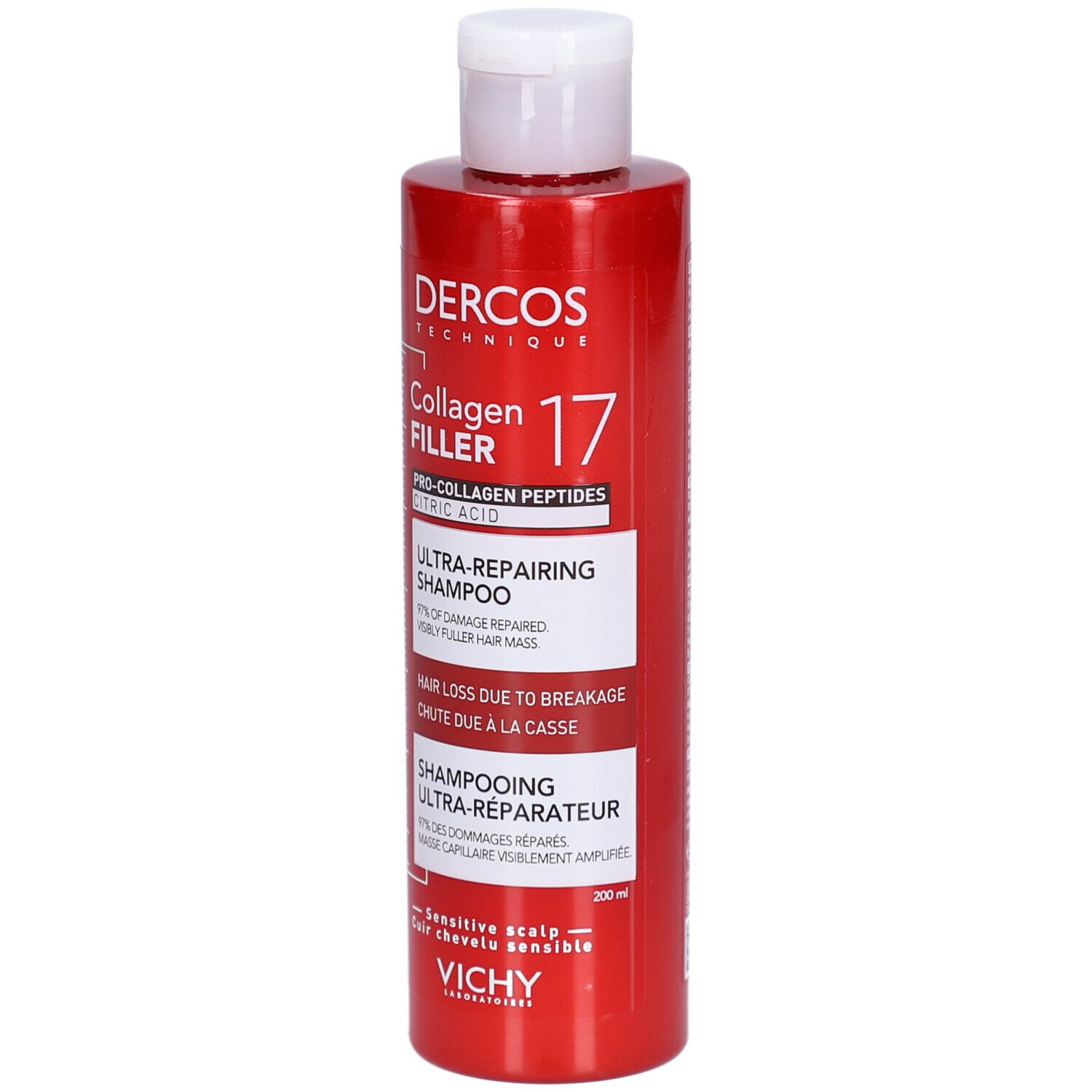 Rote Flasche Dercos Technique Collagen Filler 17 Ultra-Reparierendes Shampoo mit 200 ml Inhalt.