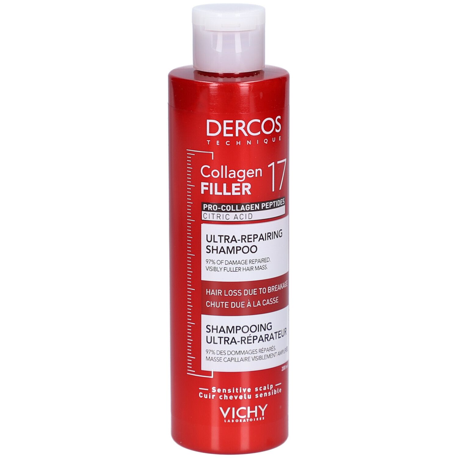 Rote Flasche Dercos Collagen Filler 17 Ultra-Repairing Shampoo mit Vichy Logo.