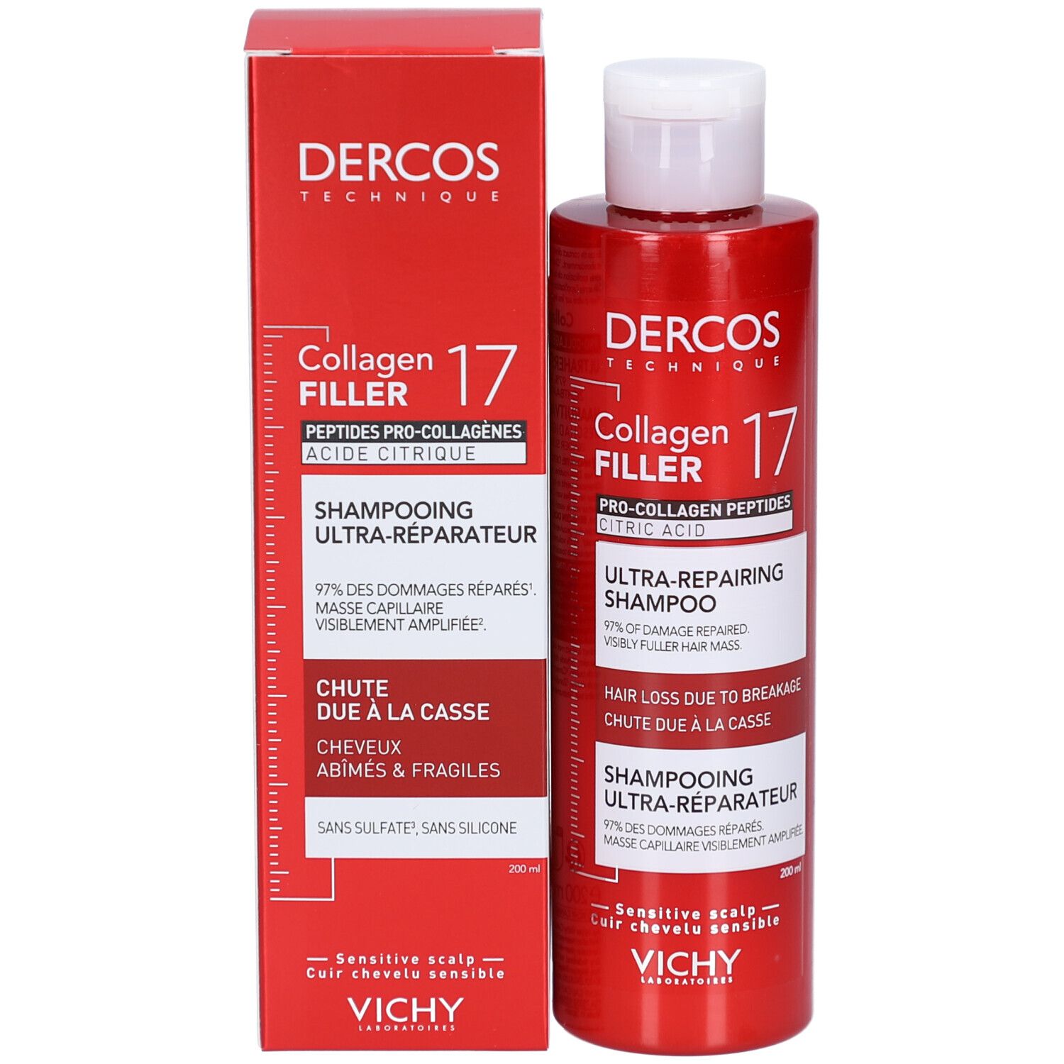 Dercos Collagen Filler 17 Ultra-Reparierendes Shampoo mit Pro-Kollagen Peptiden und Zitronensäure.