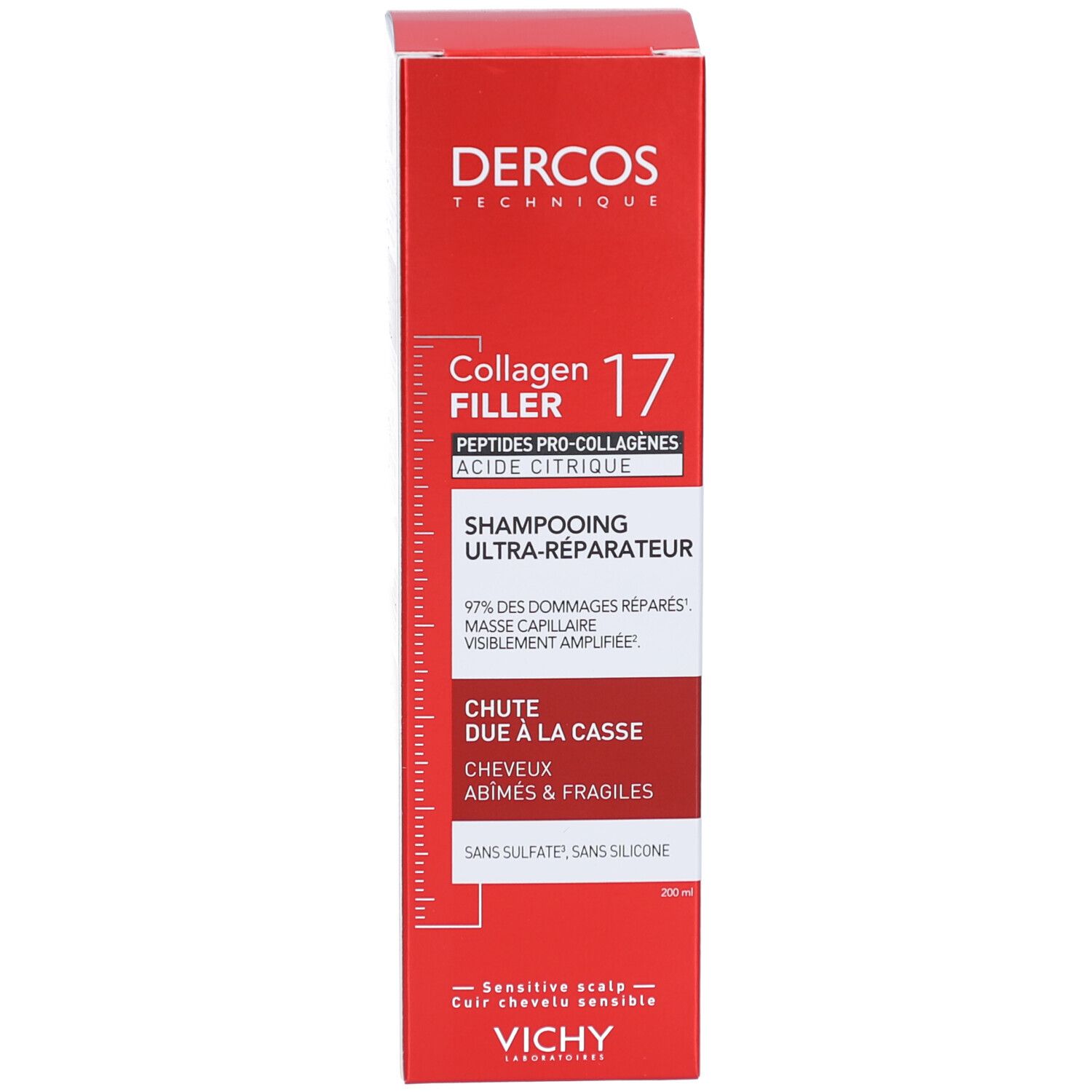 Dercos Collagen Filler 17 Shampoo: Ultra-reparierend, mit Peptiden und Zitronensäure. Für Haarausfall durch Bruch.
