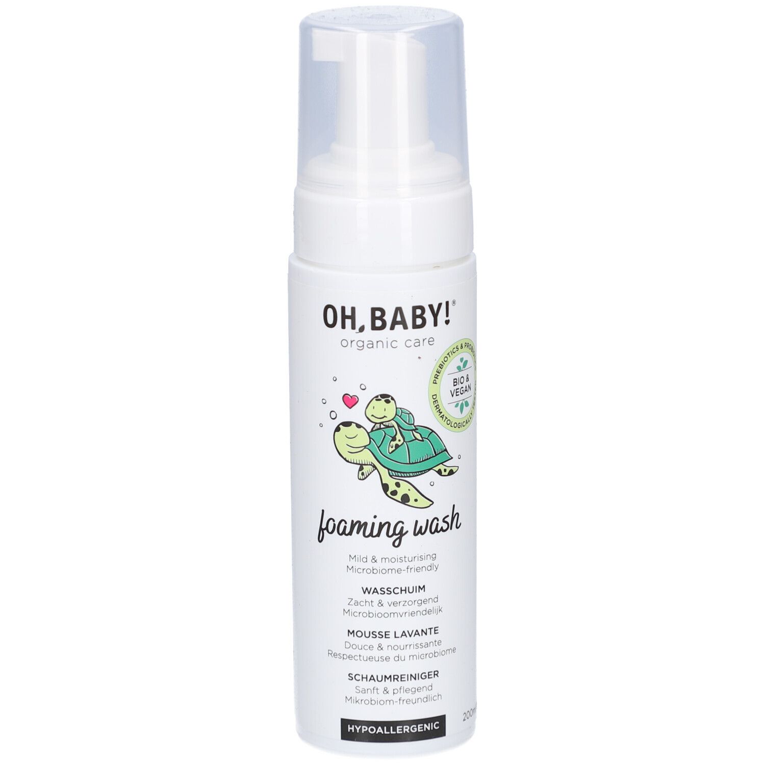Weiße Flasche mit Pumpverschluss. Aufschrift: OH, BABY! organic care, foaming wash. Abbildung einer Schildkröte. Bio & Vegan Siegel.