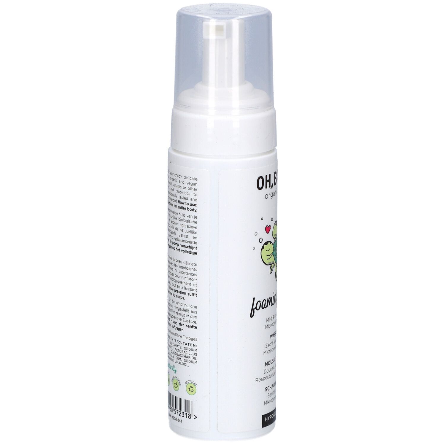 Weiße Flasche mit Pumpverschluss. Text auf der Rückseite. Enthält Informationen über das Produkt und Inhaltsstoffe.