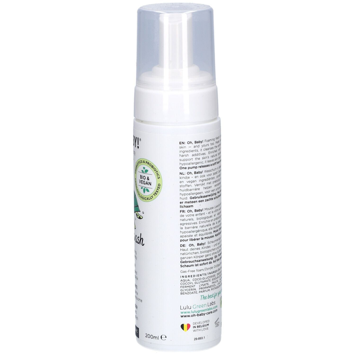 Weiße Flasche mit Pumpverschluss. Text auf der Rückseite. Enthält Informationen über das Produkt und Inhaltsstoffe.