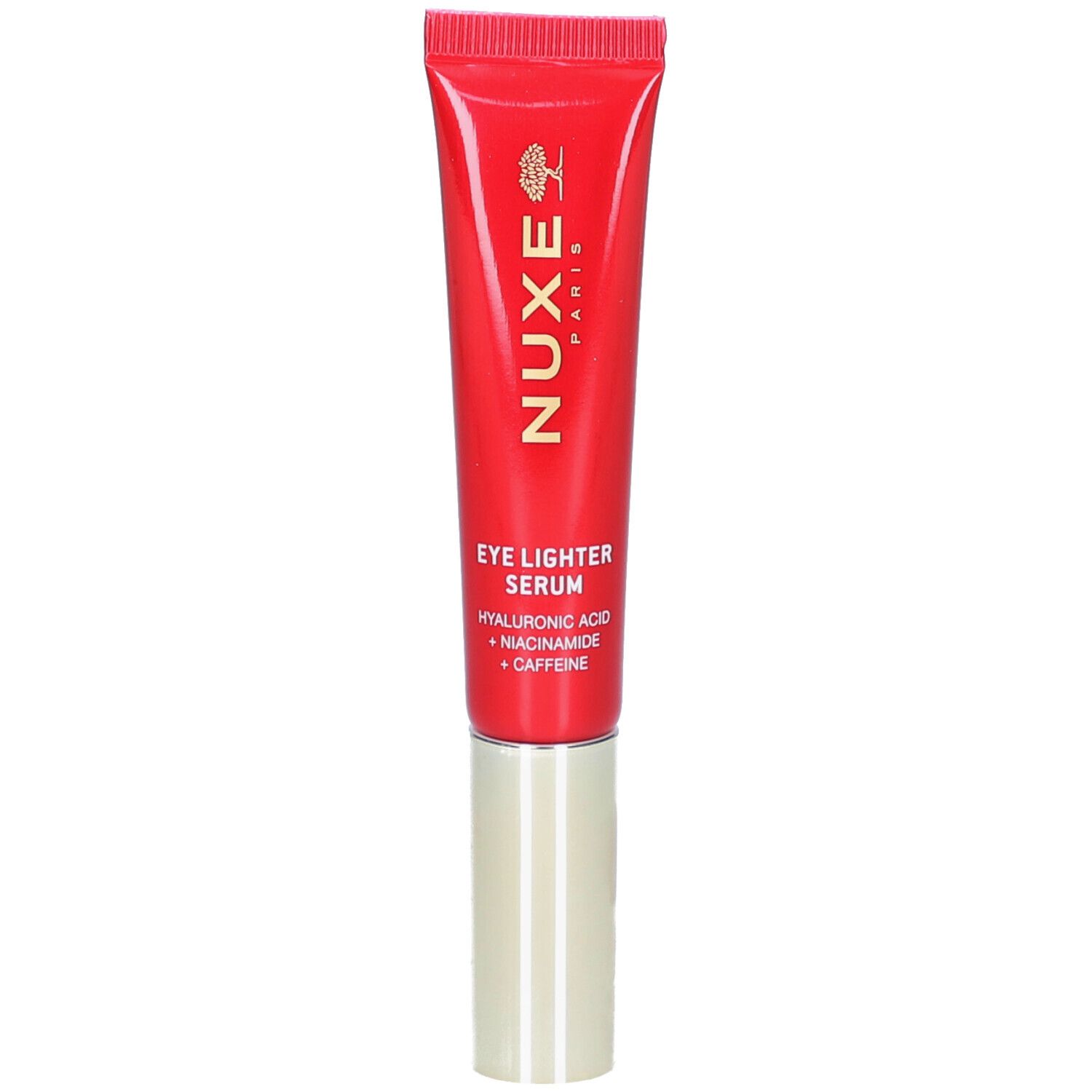 Rote Tube mit goldener Kappe, Nuxe Eye Lighter Serum.