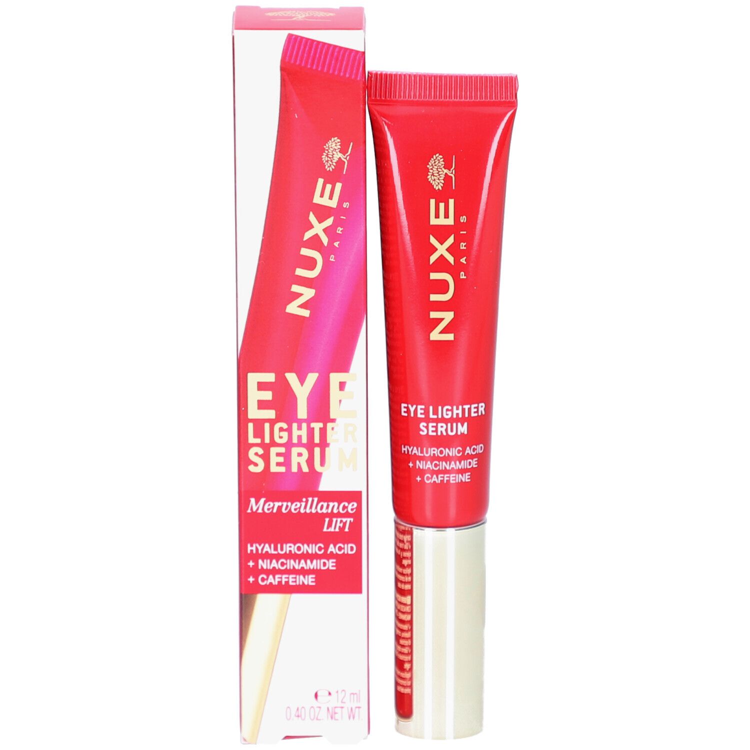 Rote Tube und Faltschachtel für Nuxe Eye Lighter Serum.