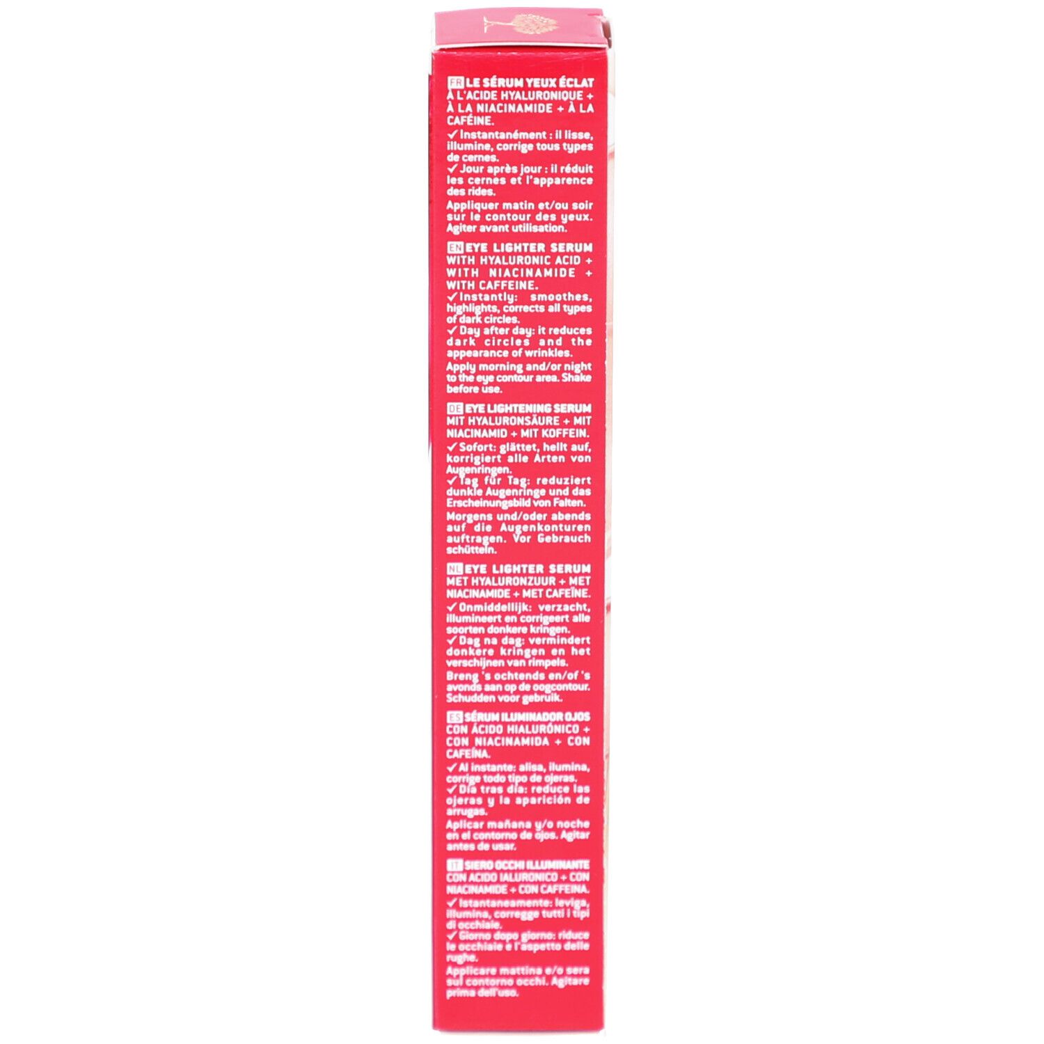 Seitenansicht der Faltschachtel mit mehrsprachigen Produktinformationen.
