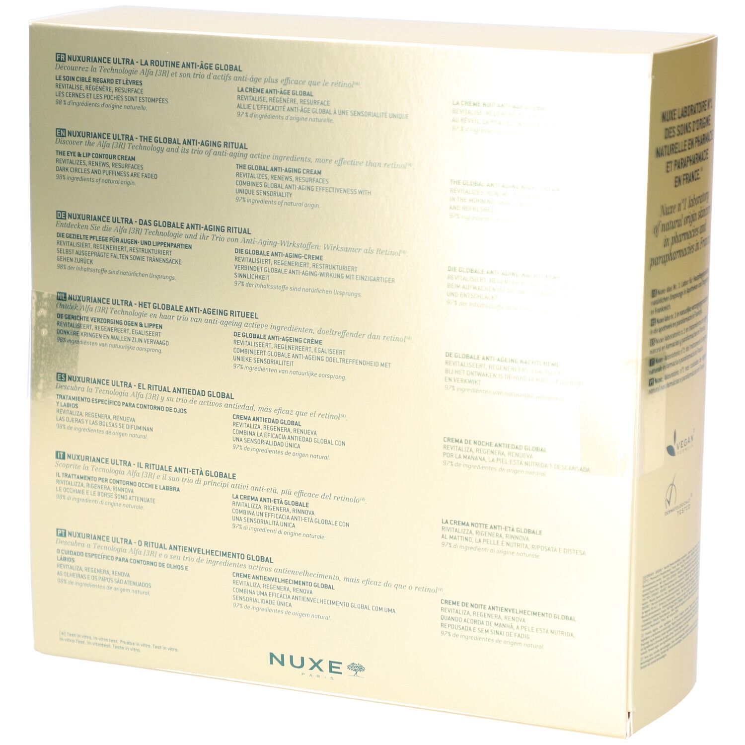 Seitenansicht der NUXE Geschenkverpackung mit detaillierten Produktbeschreibungen.