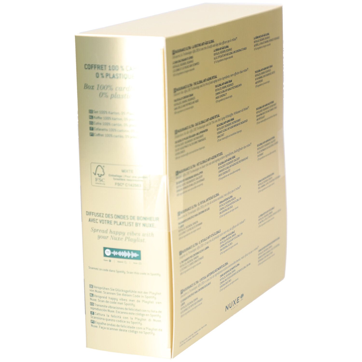 Seitenansicht der NUXE Geschenkverpackung mit Informationen zur Verpackung und QR-Code.