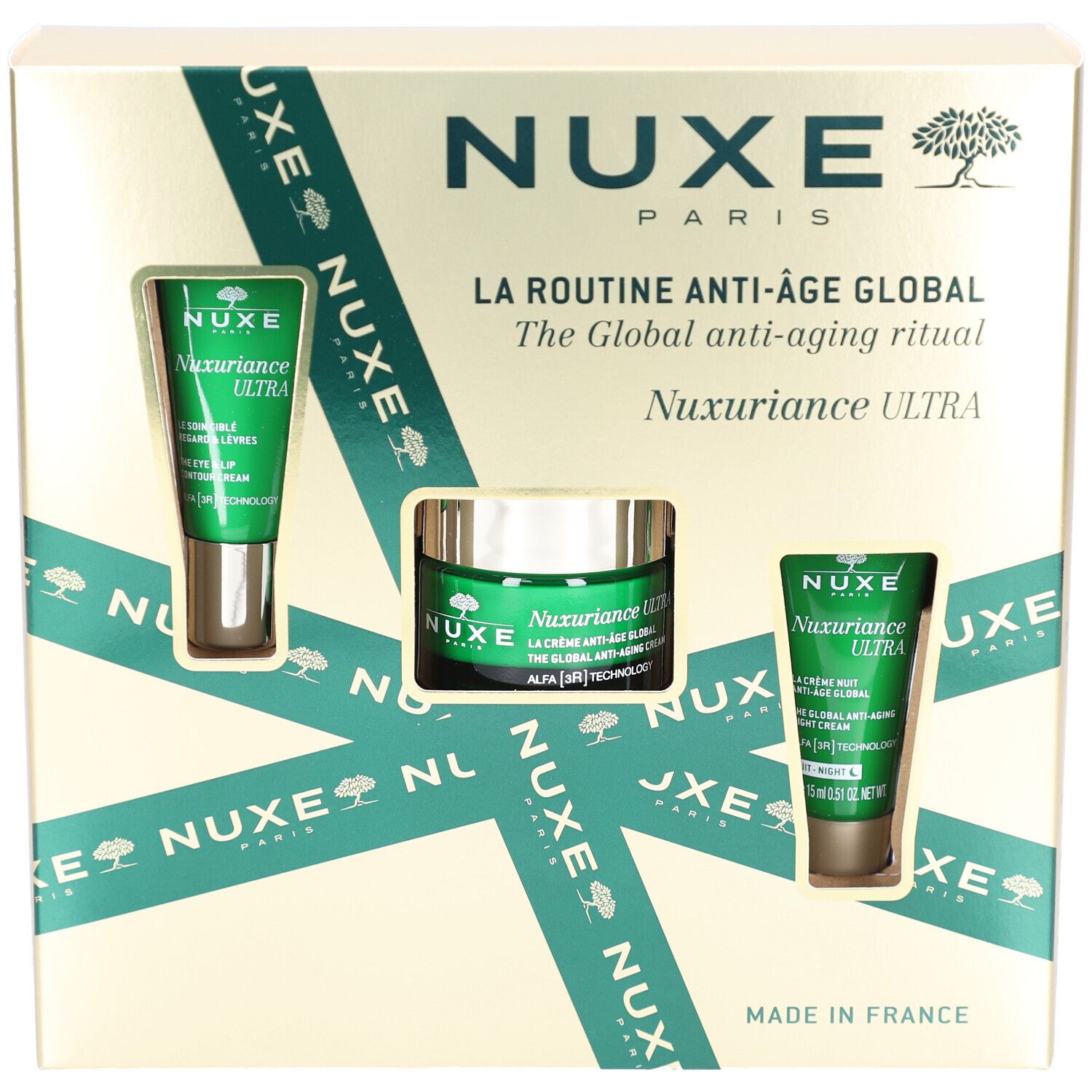 NUXE Geschenkset: Nuxuriance Ultra Gesichtscreme und zwei Seren in goldener Faltschachtel.