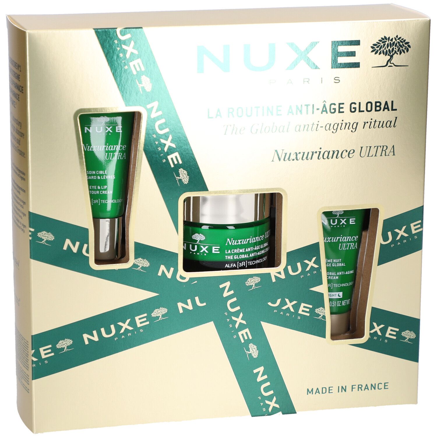 NUXE Geschenkset: Nuxuriance Ultra Gesichtscreme und zwei Seren in goldener Faltschachtel.