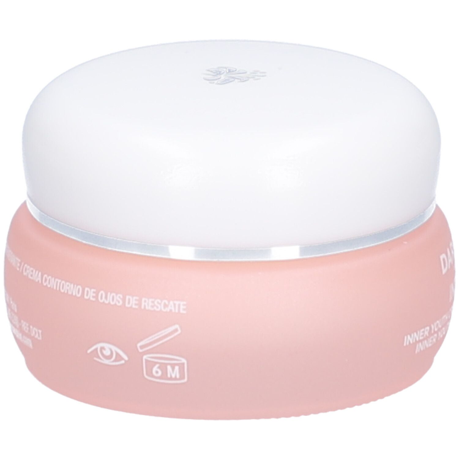 Rosa Tiegel mit weißem Deckel. Aufschrift: Inner Youth Augencreme. 6M-Symbol.