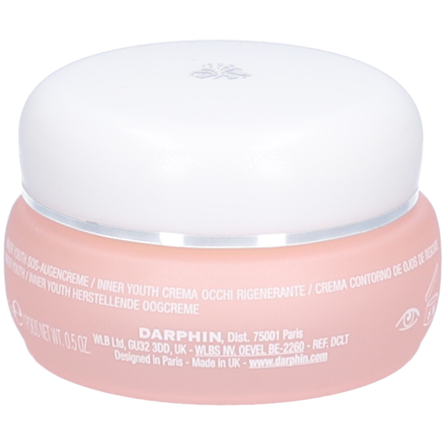 Rosa Tiegel mit weißem Deckel. Aufschrift: Inner Youth Augencreme. Darphin-Logo und Text.