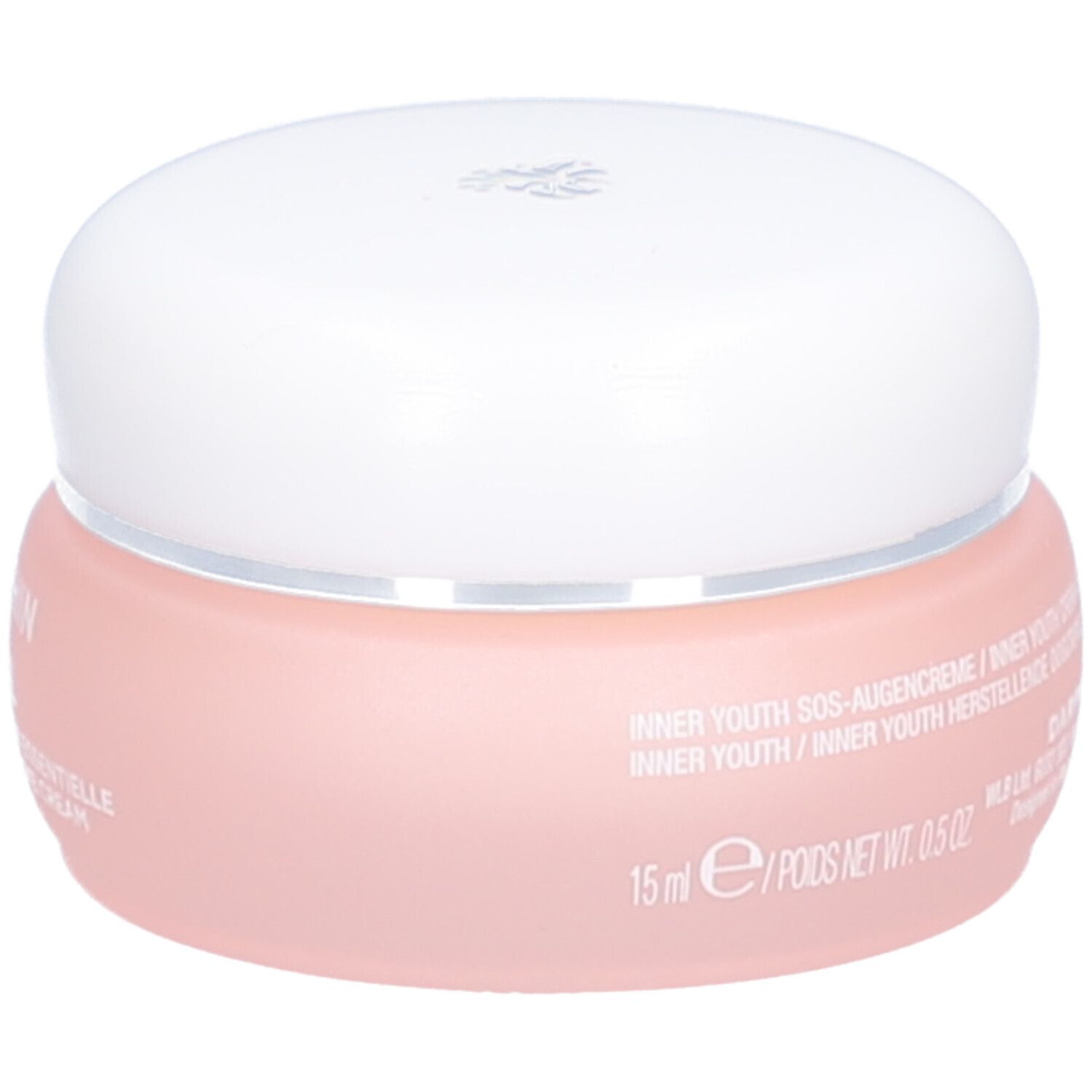 Rosa Tiegel mit weißem Deckel. Aufschrift: Inner Youth Augencreme. 15 ml.