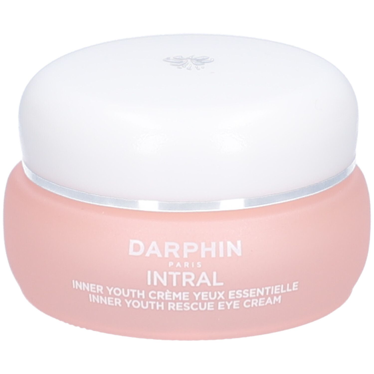 Rosa Tiegel mit weißem Deckel. Aufschrift: Darphin Intral Inner Youth Crème Yeux. Logo.
