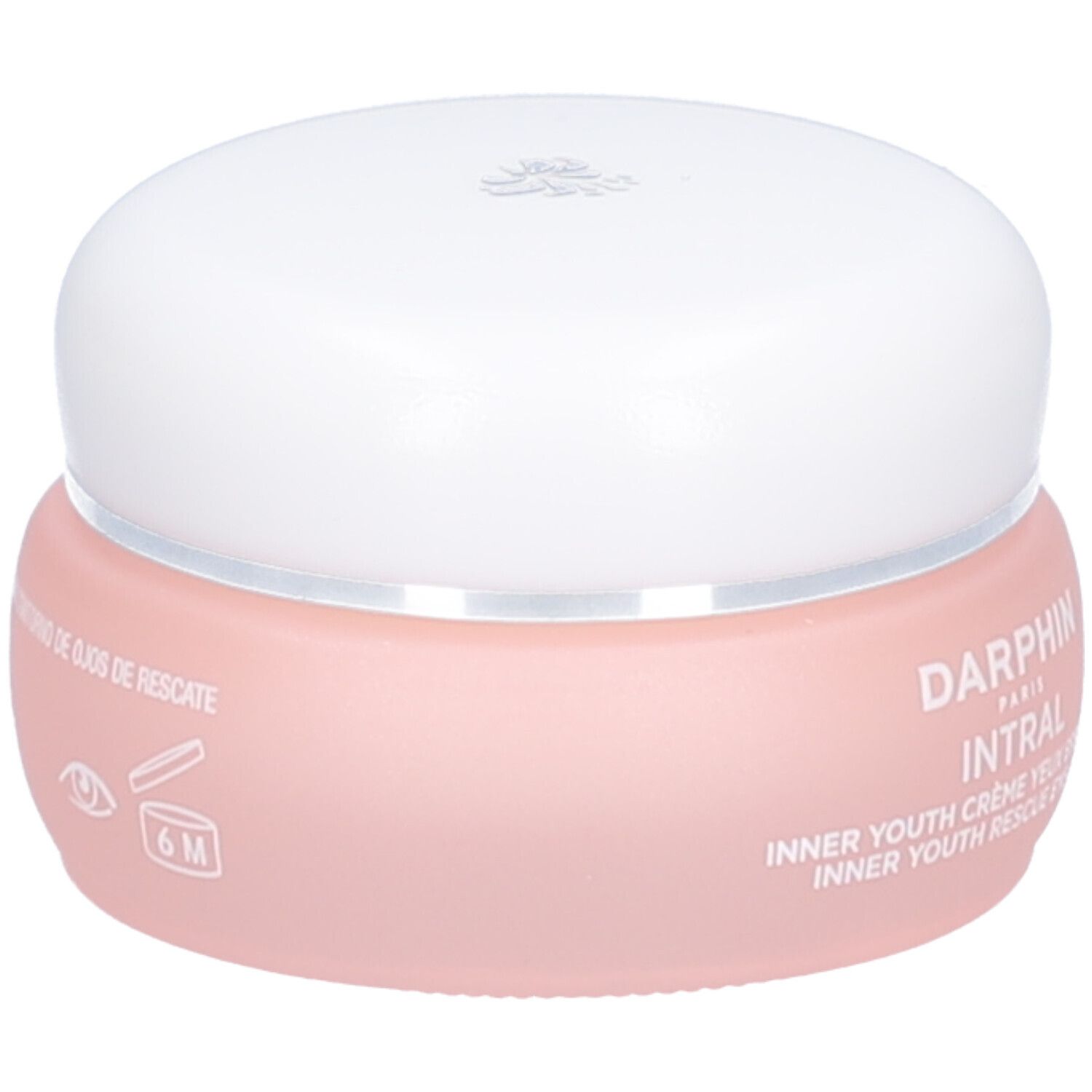 Rosa Tiegel mit weißem Deckel. Aufschrift: Inner Youth Augencreme. 6M-Symbol.