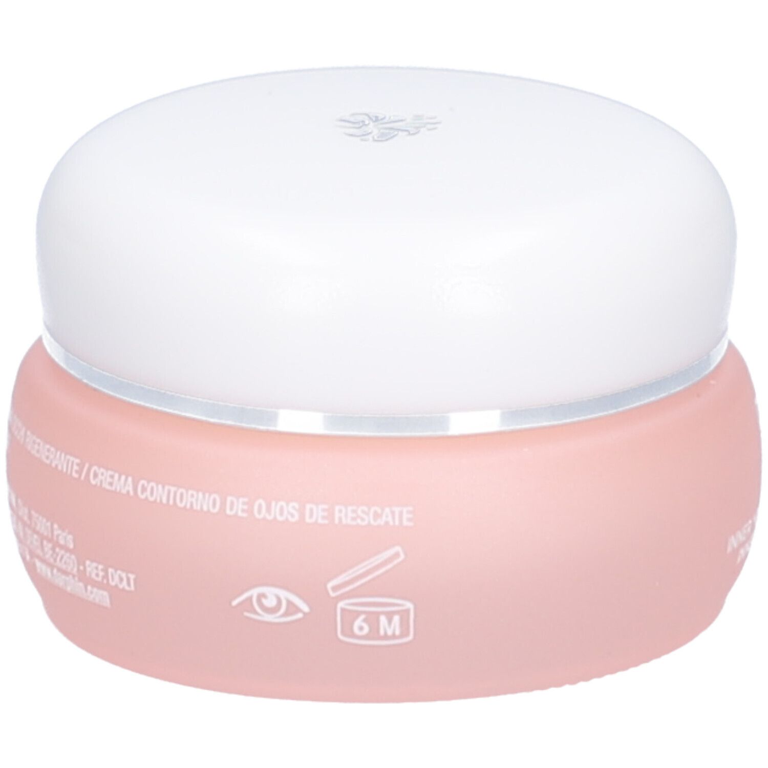 Rosa Tiegel mit weißem Deckel. Aufschrift: Inner Youth Augencreme. 6M-Symbol.