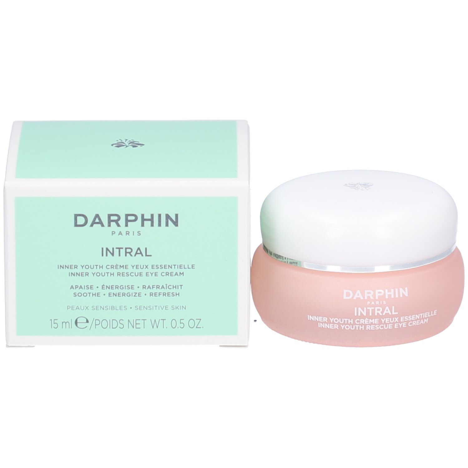 Produktverpackung mit Tiegel und Schachtel. Aufschrift: Darphin Intral Inner Youth Augencreme. 15 ml.