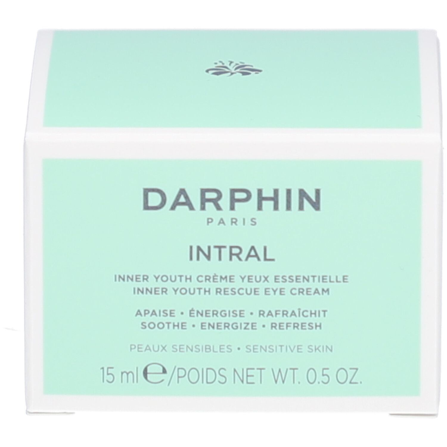 Grüne Schachtel mit weißer Schrift. Aufschrift: Darphin Intral Inner Youth Augencreme. 15 ml.