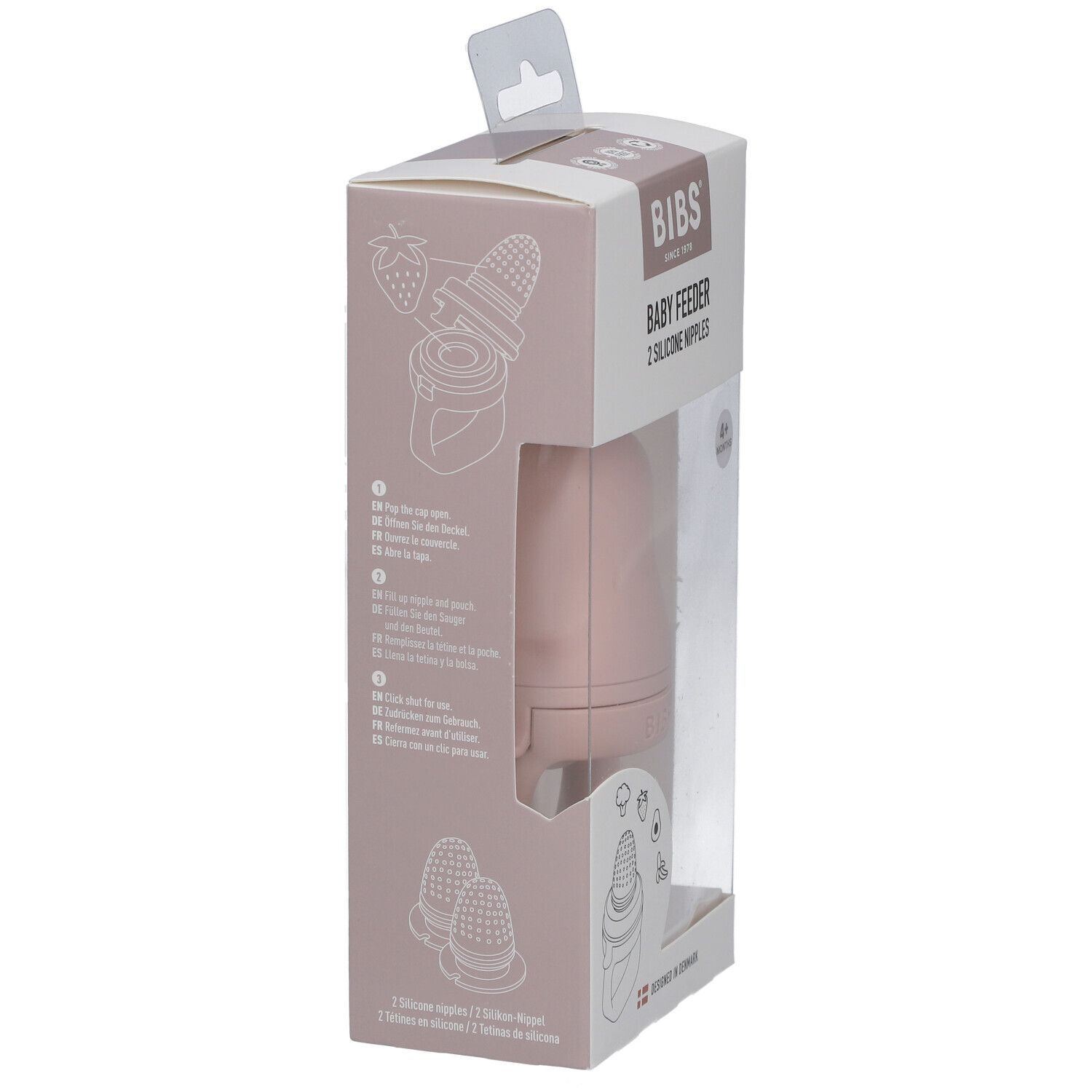 BIBS Baby Feeder Blush Verpackung. Illustrationen von Früchten und Produktkomponenten. Produktinformationen in verschiedenen Sprachen.