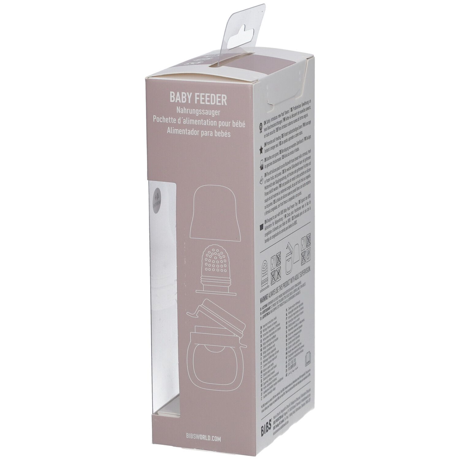 Seite der BIBS Baby Feeder Blush Verpackung. Produktname und Illustrationen. Informationen in verschiedenen Sprachen.