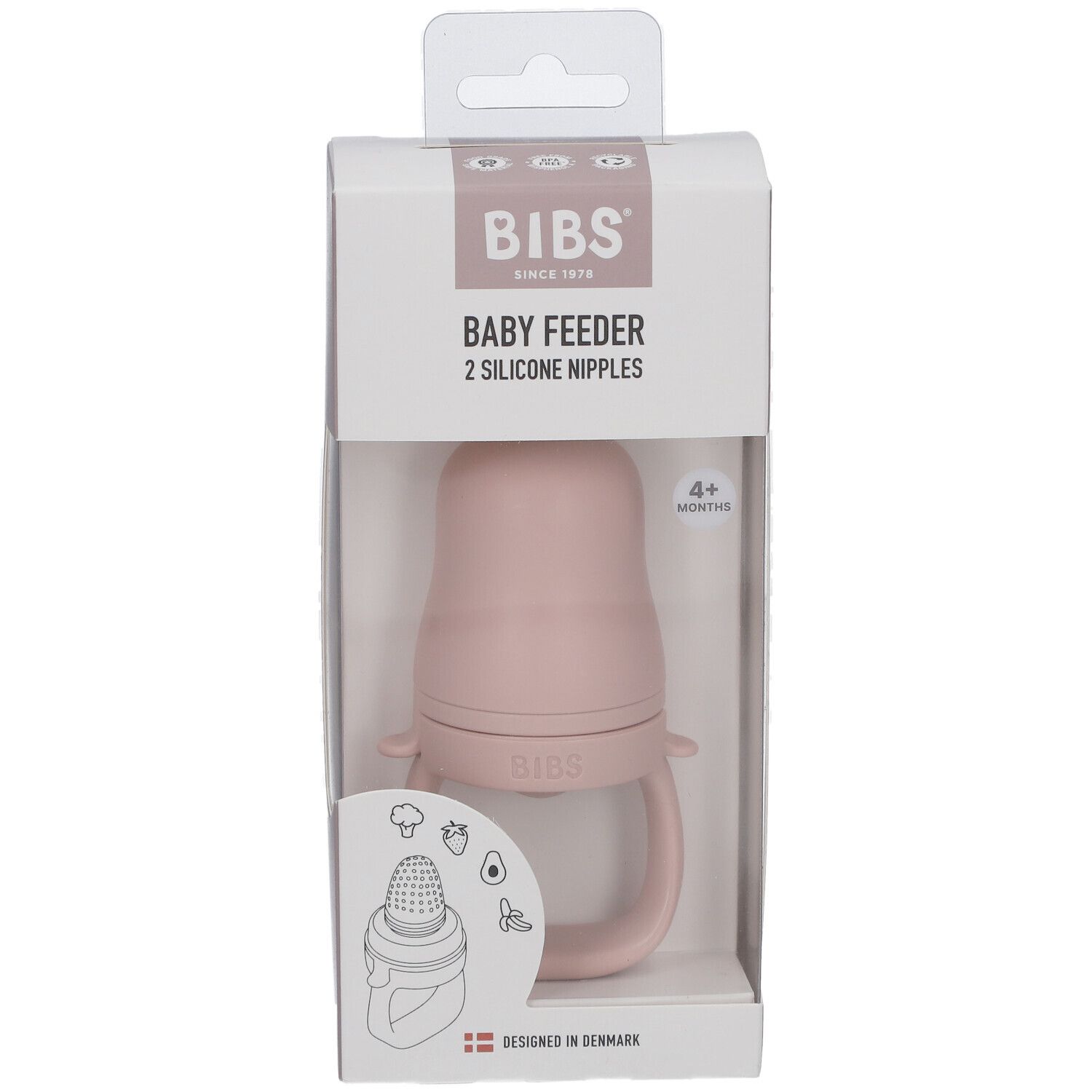 BIBS Baby Feeder Blush in Verpackung. Rosa Silikon-Sauger mit Griffen. Klare Verpackung mit Produktinformationen.