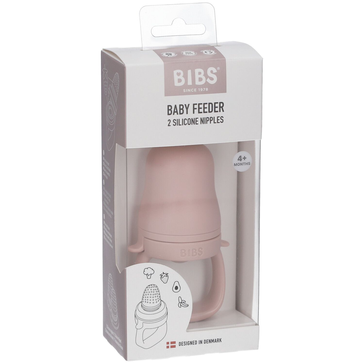 BIBS Baby Feeder Blush in Verpackung. Rosa Silikon-Sauger mit Griffen. Klare Verpackung mit Produktinformationen.