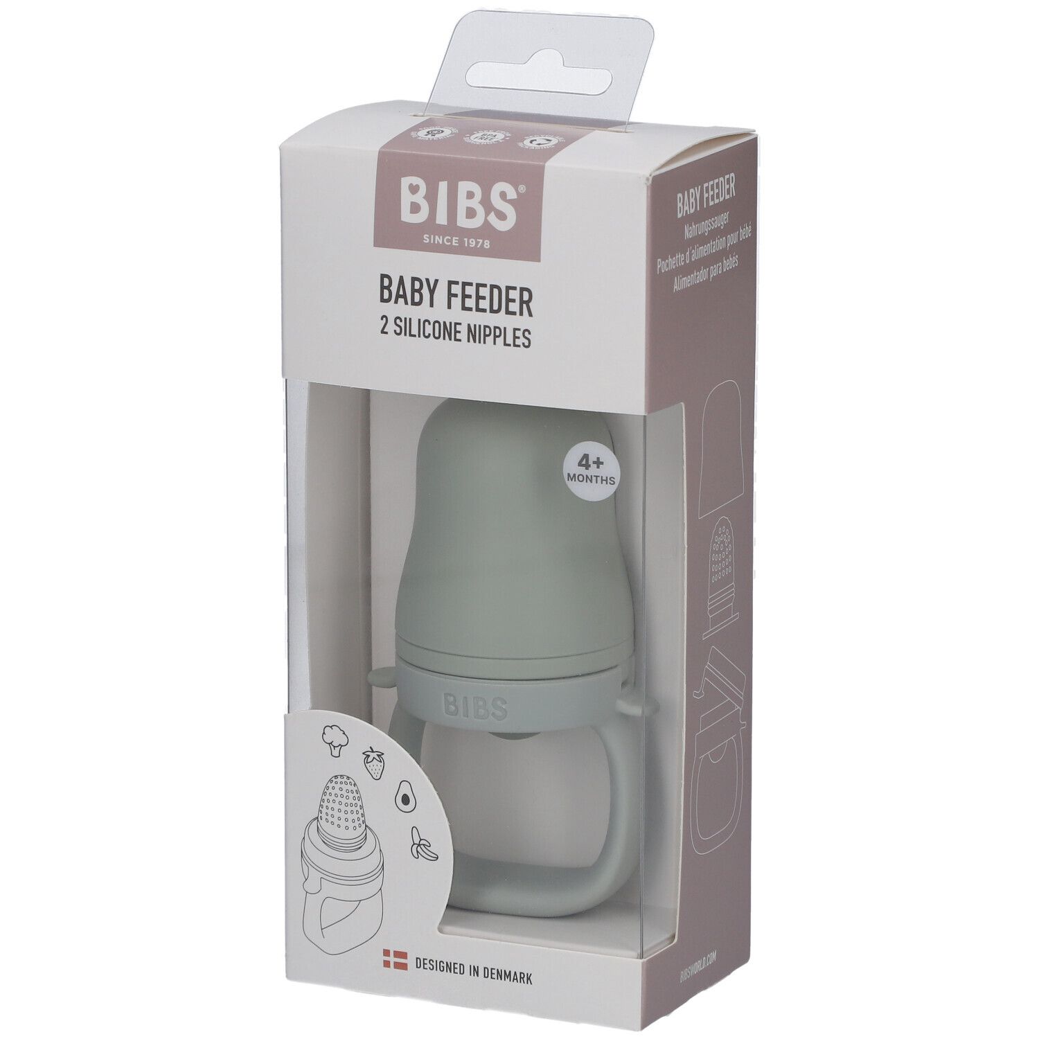 BIBS Baby Feeder in Verpackung. Hellgrüner Silikon-Feeder mit Griffen und zwei Silikon-Nippeln. Altersempfehlung: 4+ Monate.