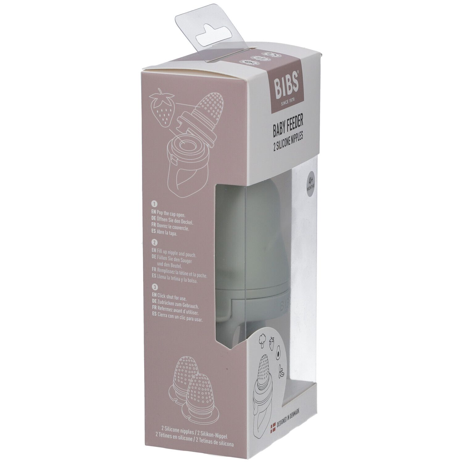 Verpackung des BIBS Baby Feeders. Illustrationen des Feeders und der Komponenten. Enthält zwei Silikon-Nippel. Hergestellt in Dänemark.