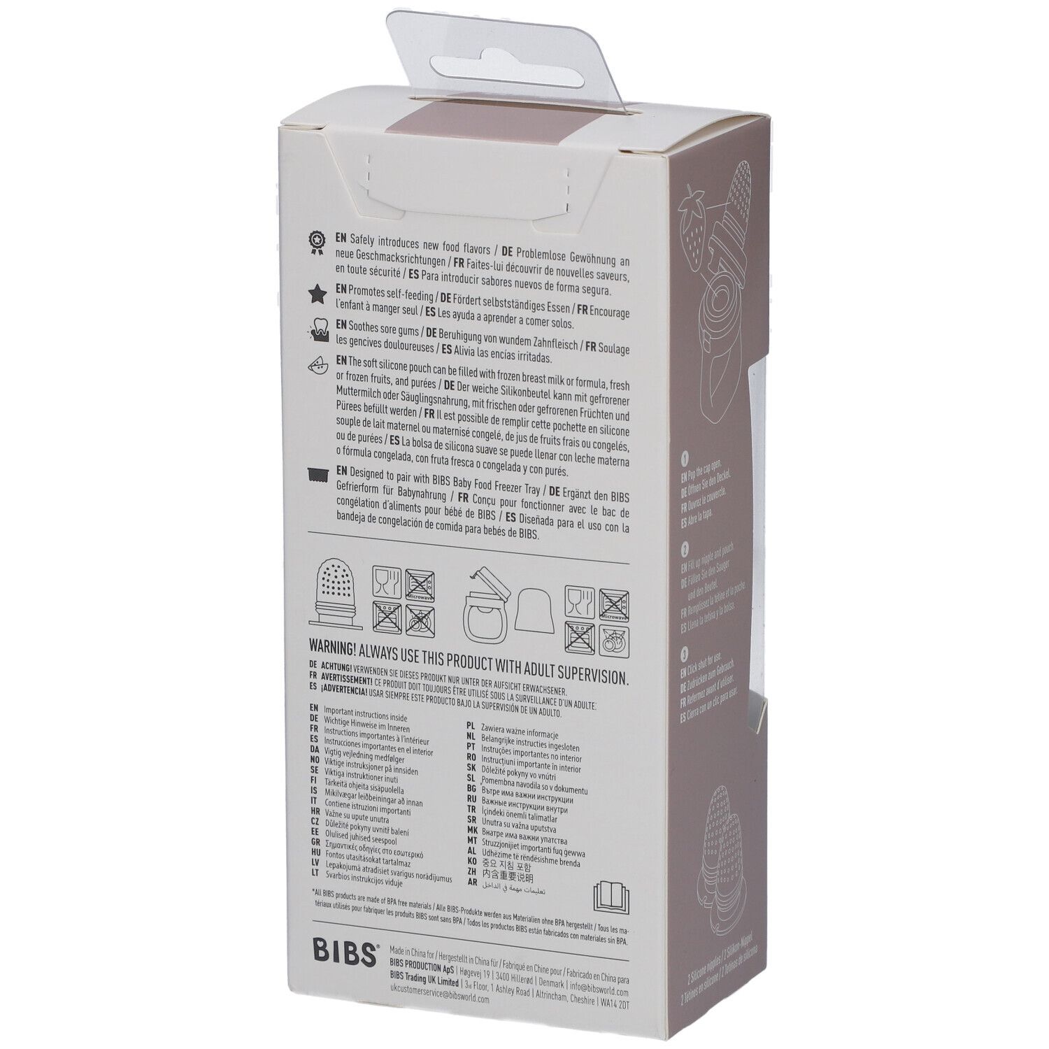 Rückseite der BIBS Baby Feeder Verpackung. Text in mehreren Sprachen. Warnhinweise und Pflegehinweise. Hergestellt in Dänemark.
