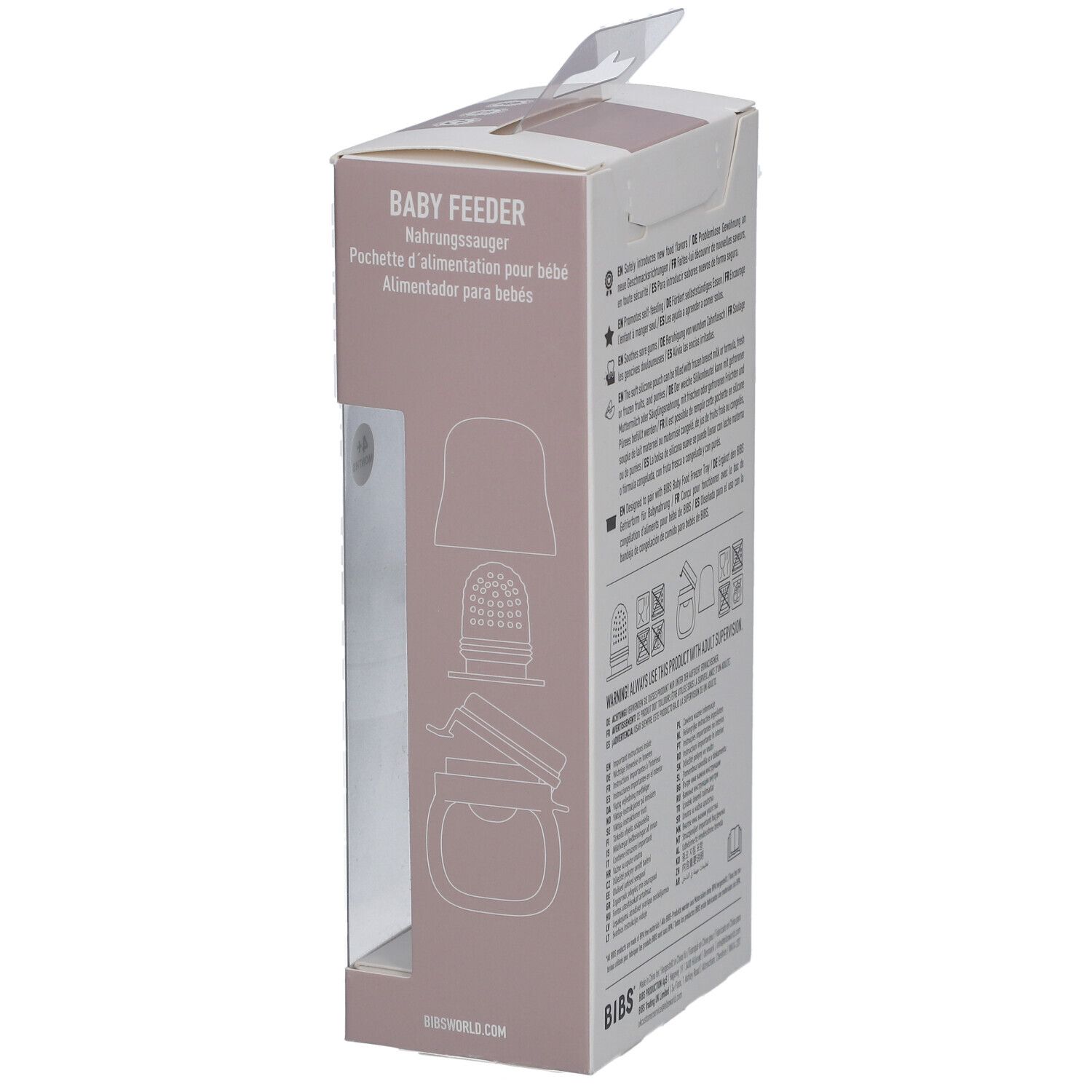 Seite der BIBS Baby Feeder Verpackung. Produktname und Illustrationen. Text in mehreren Sprachen. Hergestellt in Dänemark.
