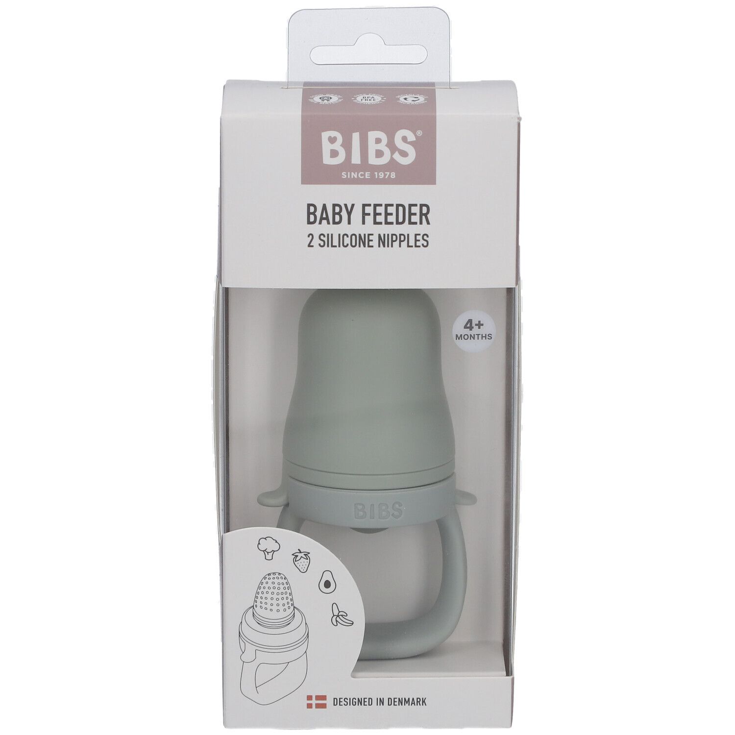 BIBS Baby Feeder in Verpackung. Hellgrüner Silikon-Feeder mit Griffen. Altersempfehlung: 4+ Monate. Hergestellt in Dänemark.