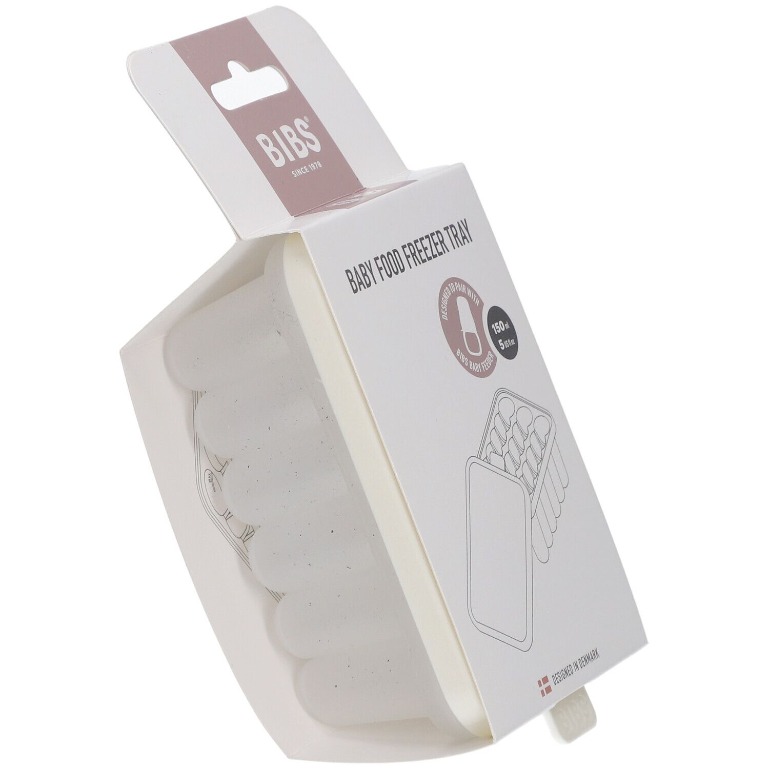 BIBS Baby Food Freezer Tray in Verpackung. Transparente Form mit Deckel, in geöffneter Verpackung.