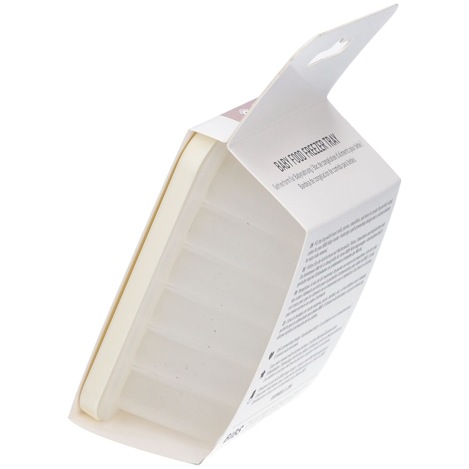 BIBS Baby Food Freezer Tray Verpackung. Deckel und Form in der Verpackung, Produktbeschreibung.