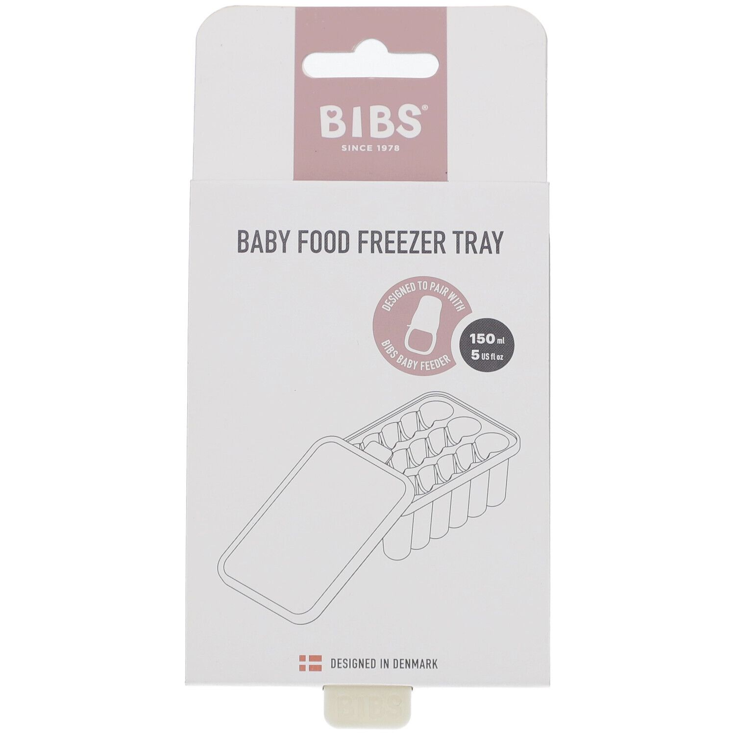 BIBS Baby Food Freezer Tray Verpackung. Weißer Karton mit Produktabbildung und Markenlogo.