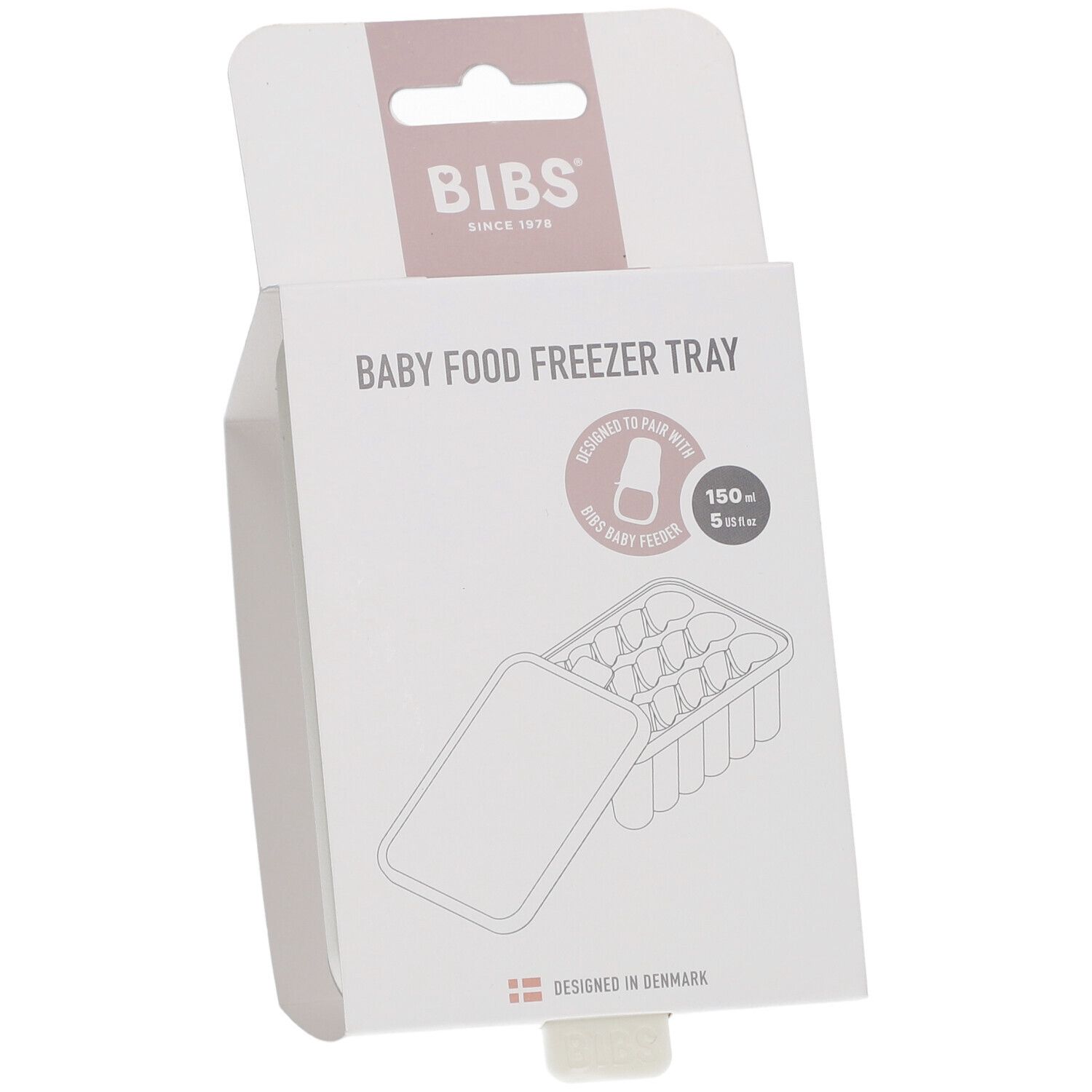BIBS Baby Food Freezer Tray Verpackung. Weißer Karton mit Produktabbildung und Markenlogo.