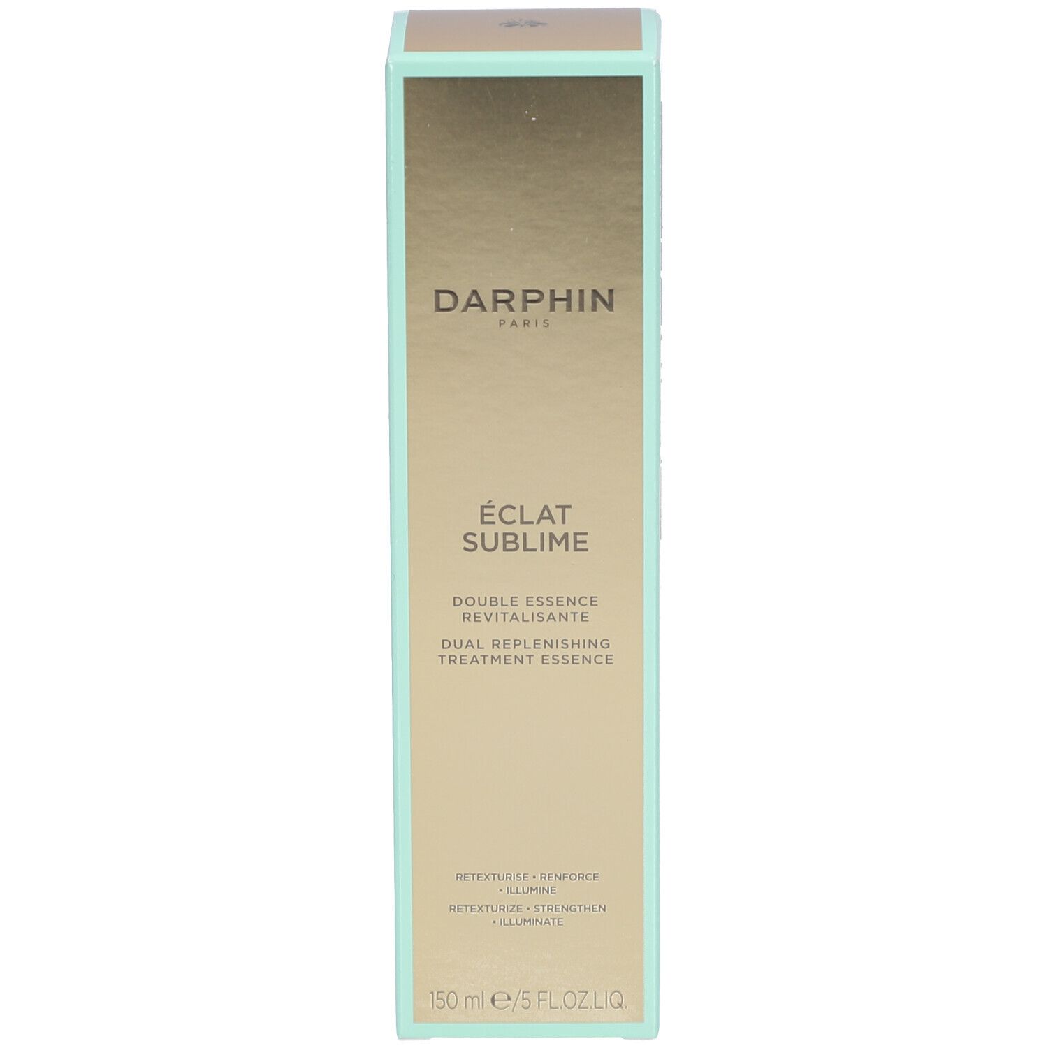 Hohe Schachtel, Gold/Mintgrün. Text: DARPHIN, Éclat Sublime, 150 ml.