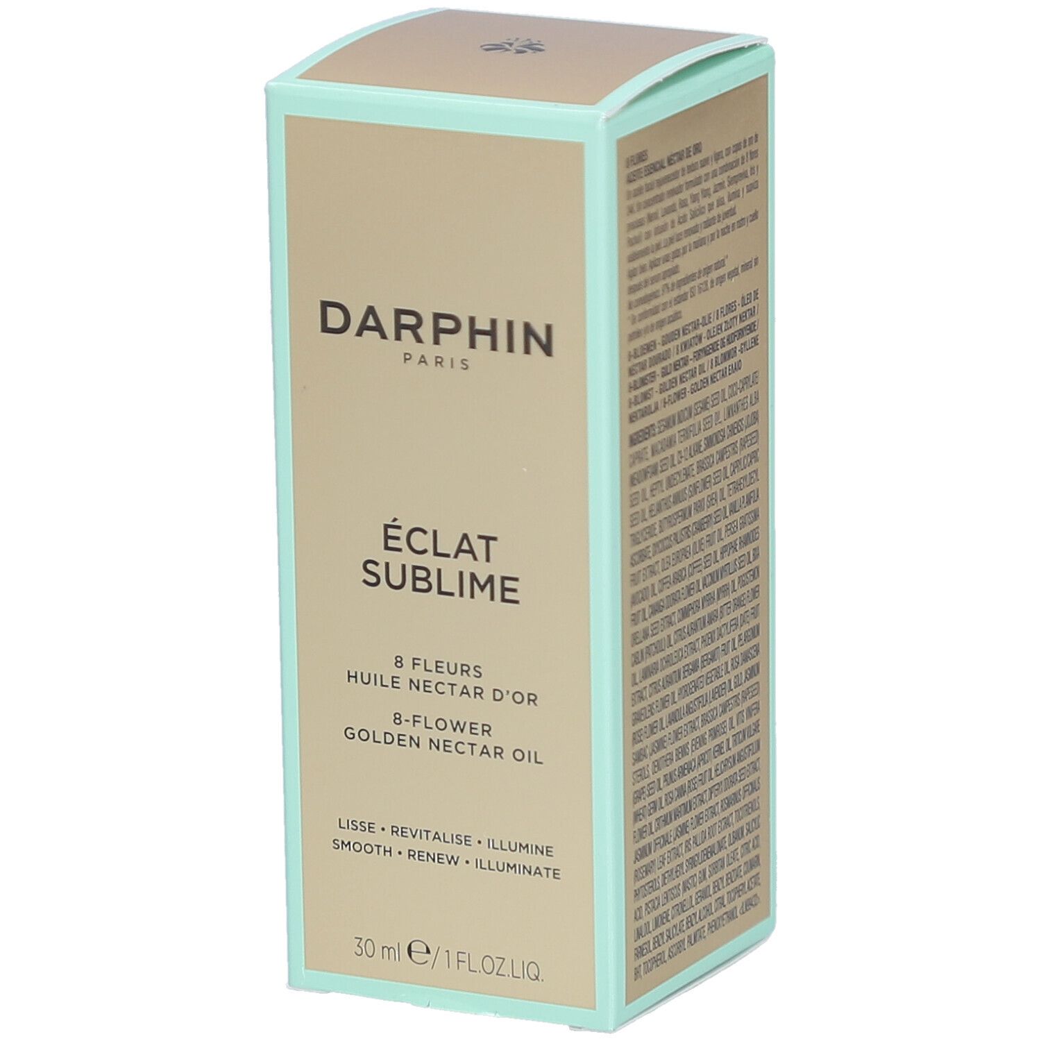 Darphin-Verpackung. Aufschrift: Eclat Sublime, 8 Fleurs, Golden Nectar Oil. 30 ml. Mintfarbener Rahmen.