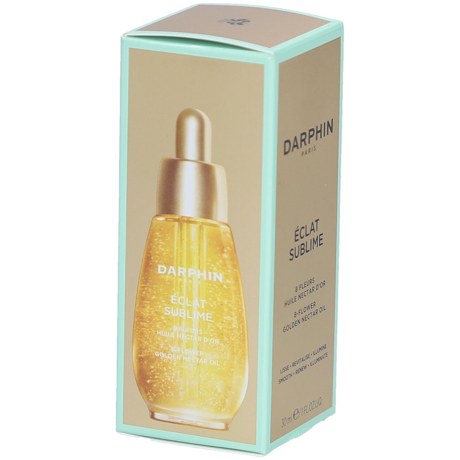 Darphin-Verpackung mit Produktabbildung. Aufschrift: Eclat Sublime, 8 Fleurs, Golden Nectar Oil. Goldene Flasche.
