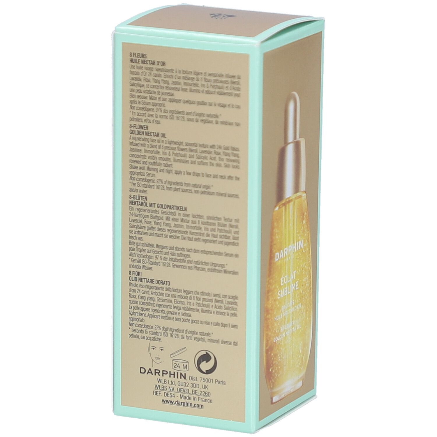 Rückseite der Darphin-Verpackung. Text in mehreren Sprachen. Produktabbildung. Inhaltsstoffe und Anwendungshinweise.