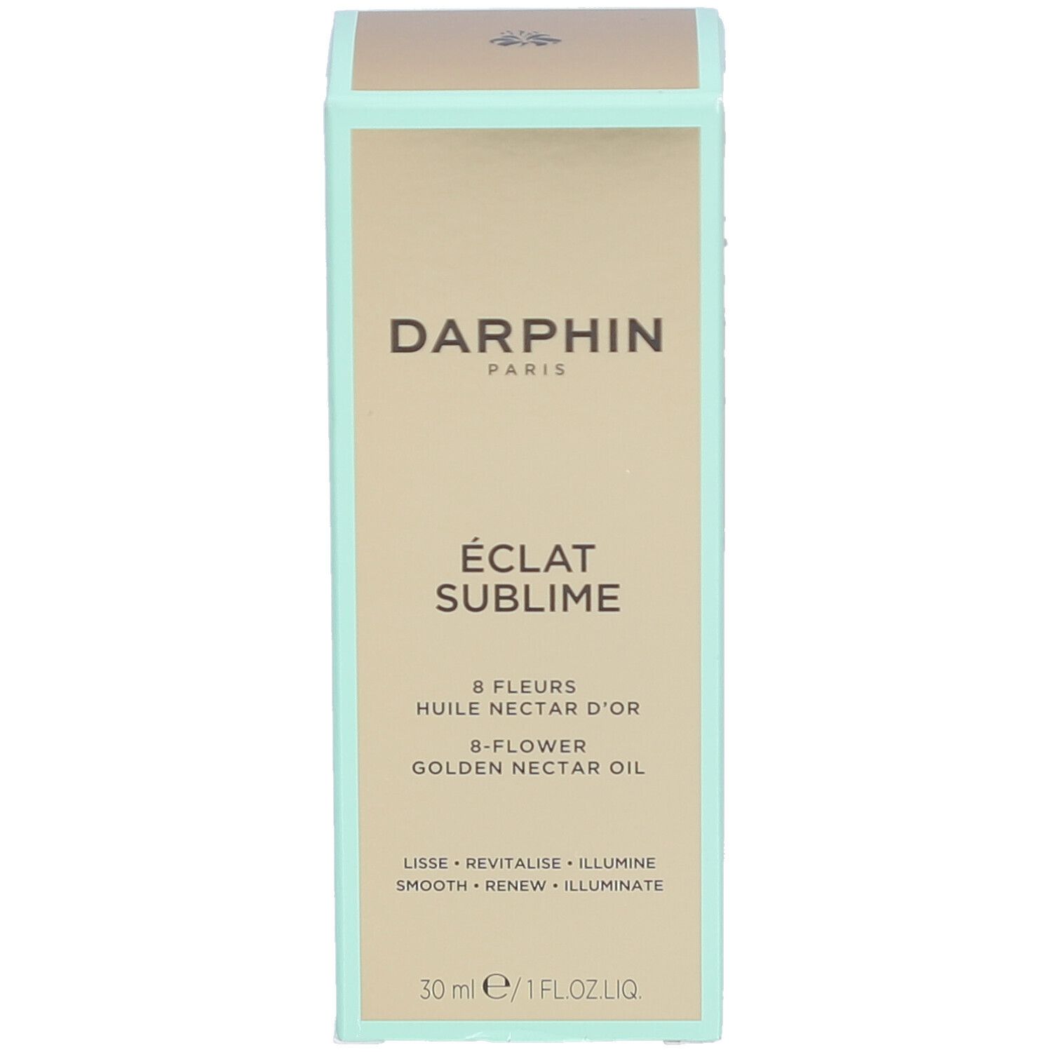 Darphin-Verpackung. Aufschrift: Eclat Sublime, 8 Fleurs, Golden Nectar Oil. 30 ml. Mintfarbener Rahmen.