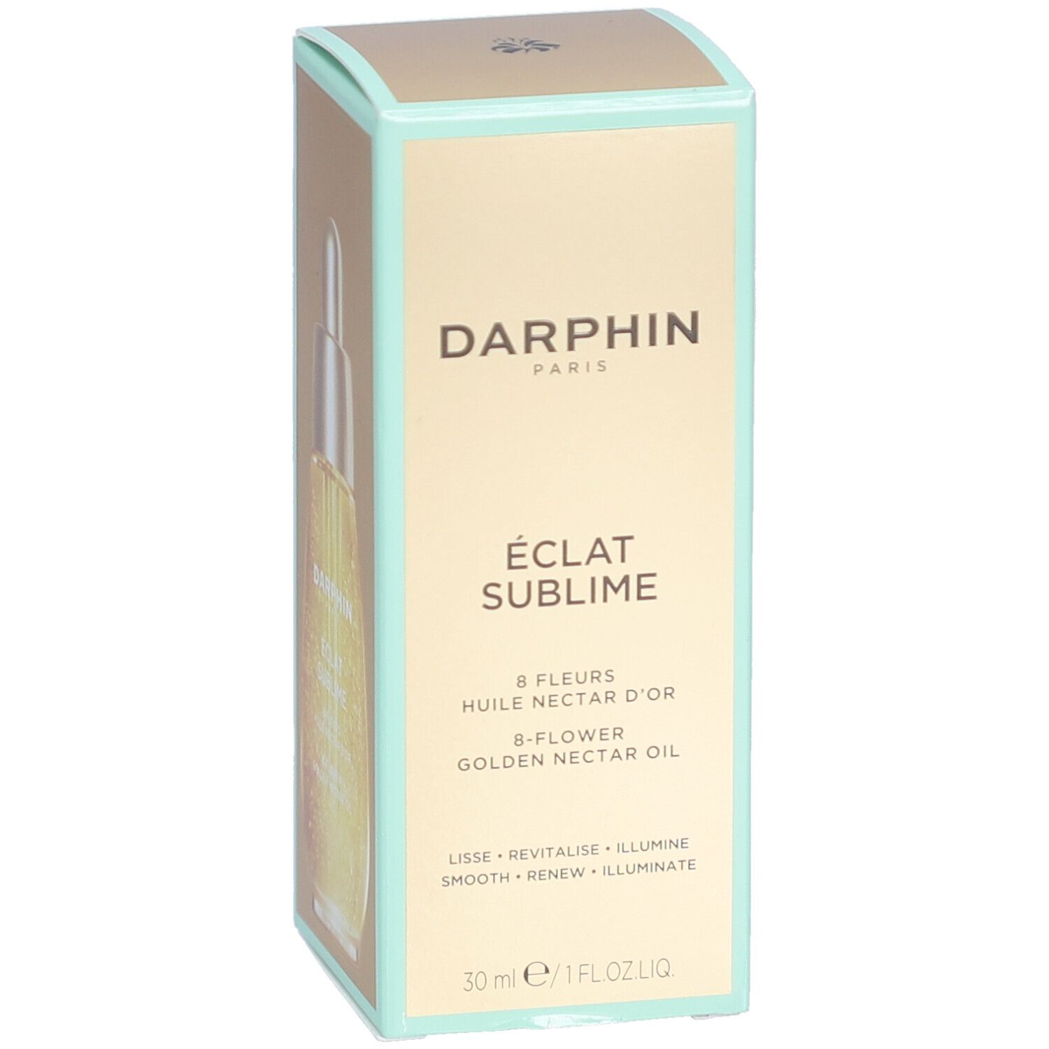 Darphin-Verpackung mit Produktabbildung. Aufschrift: Eclat Sublime, 8 Fleurs, Golden Nectar Oil. Goldene Flasche.