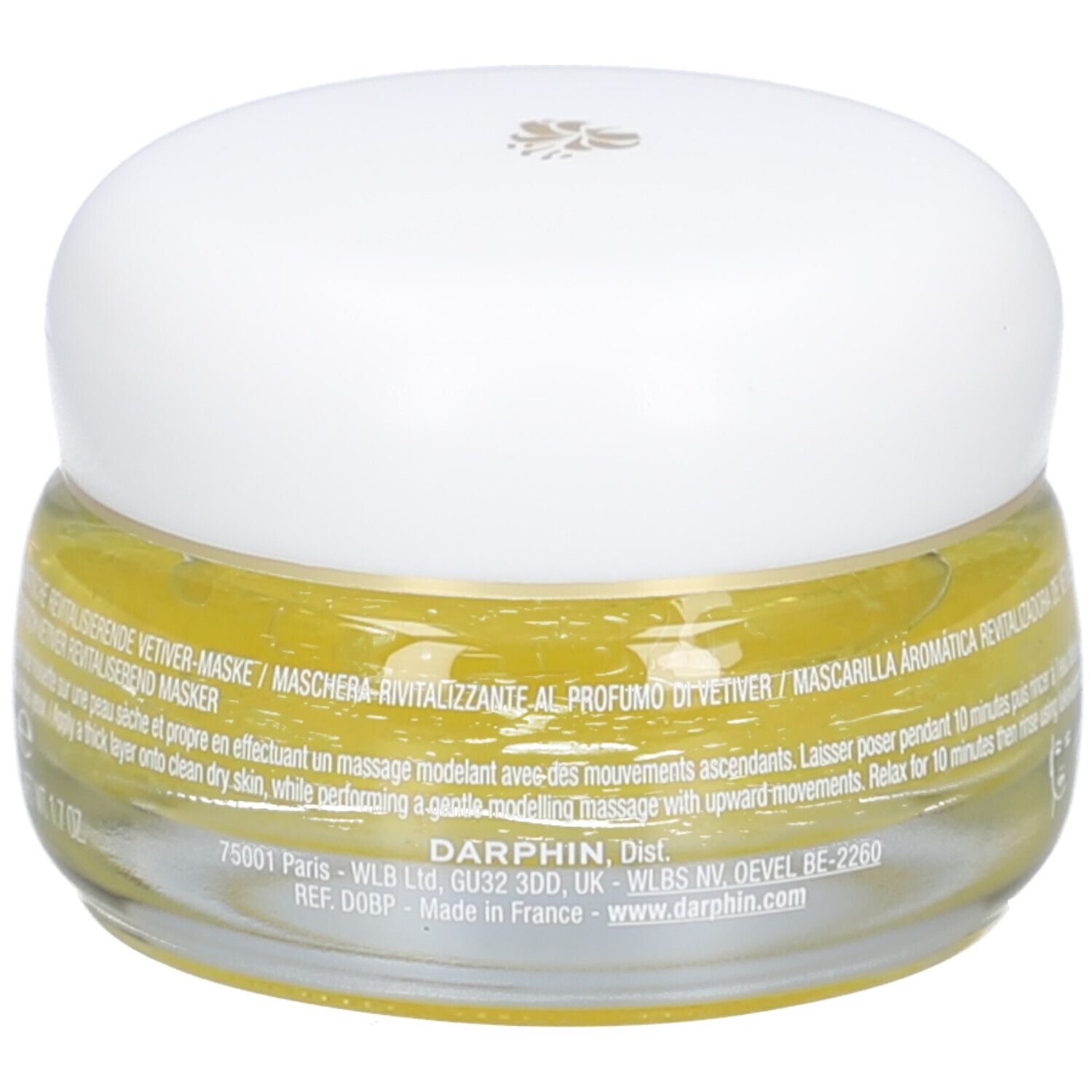 Glasbehälter mit gelber Creme und weißem Deckel. Text: Maschera Rivitalizzante al Profumo di Vetiver. Darphin-Logo.