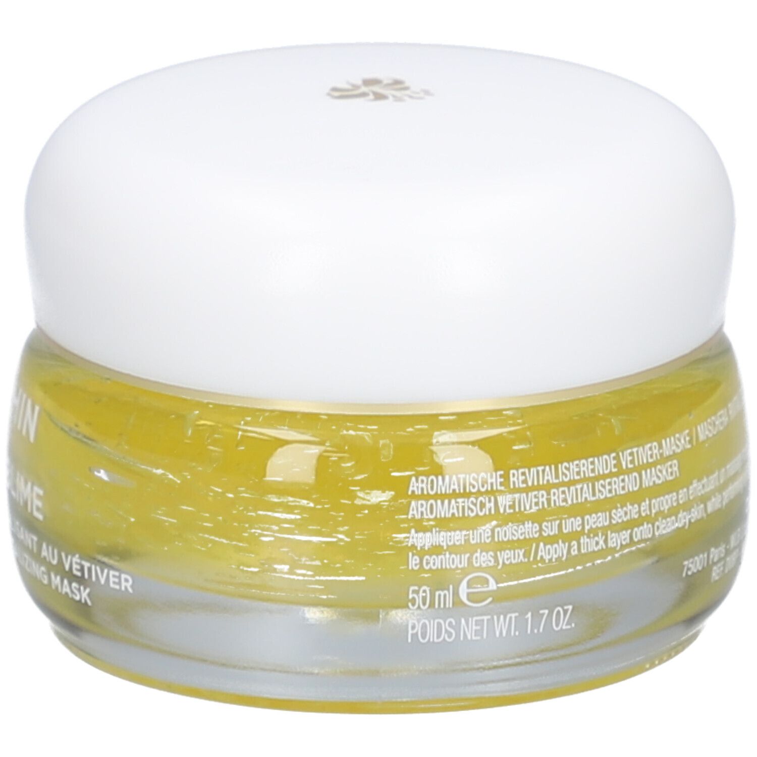 Glasbehälter mit gelber Creme und weißem Deckel. Text: Aromatische Revitalisierende Vetiver Maske. 50 ml. 1.7 OZ.